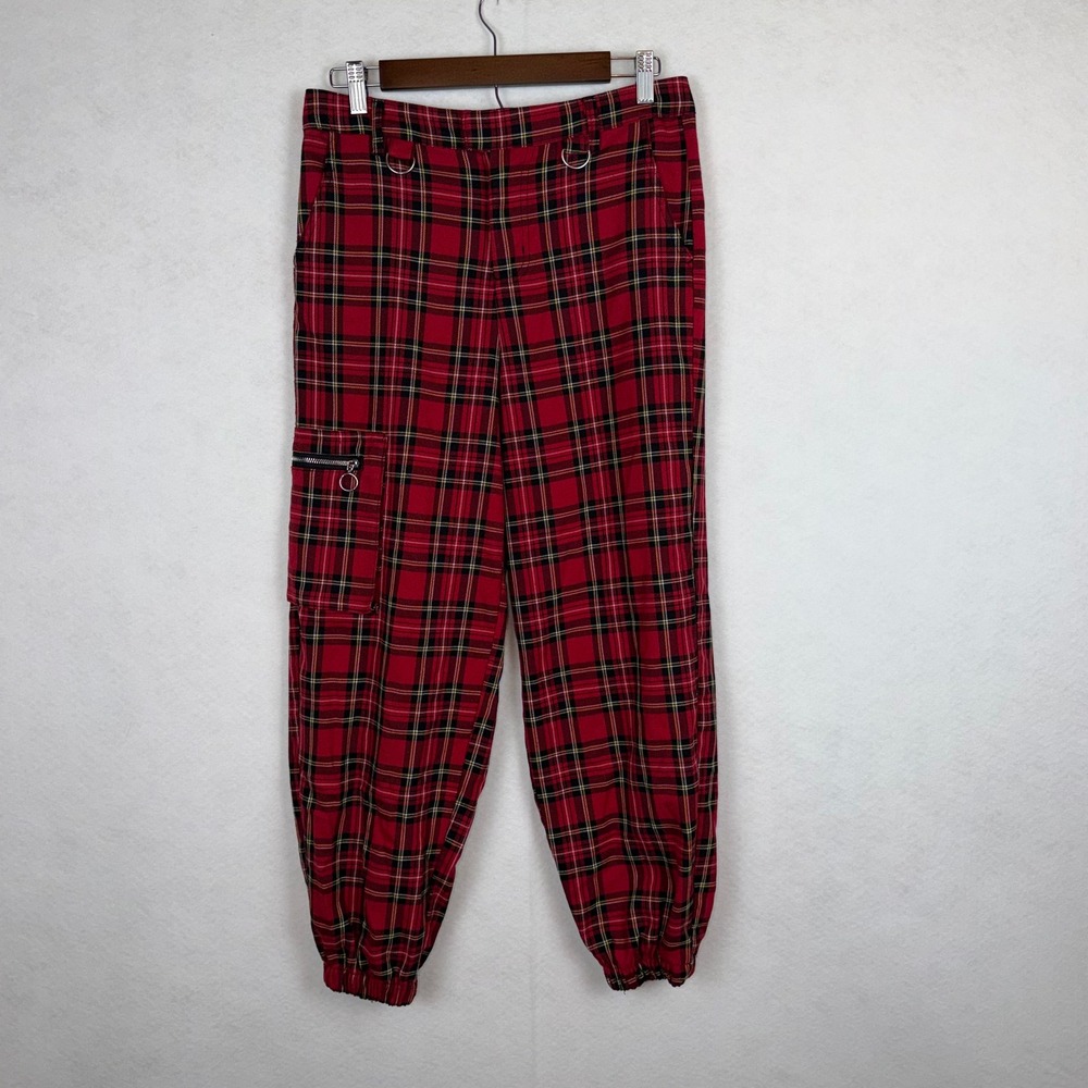 Hot Topic Red Plaid Jogger Pants Womens 7 Cargo D-Ring Punk Grunge Goth Alt